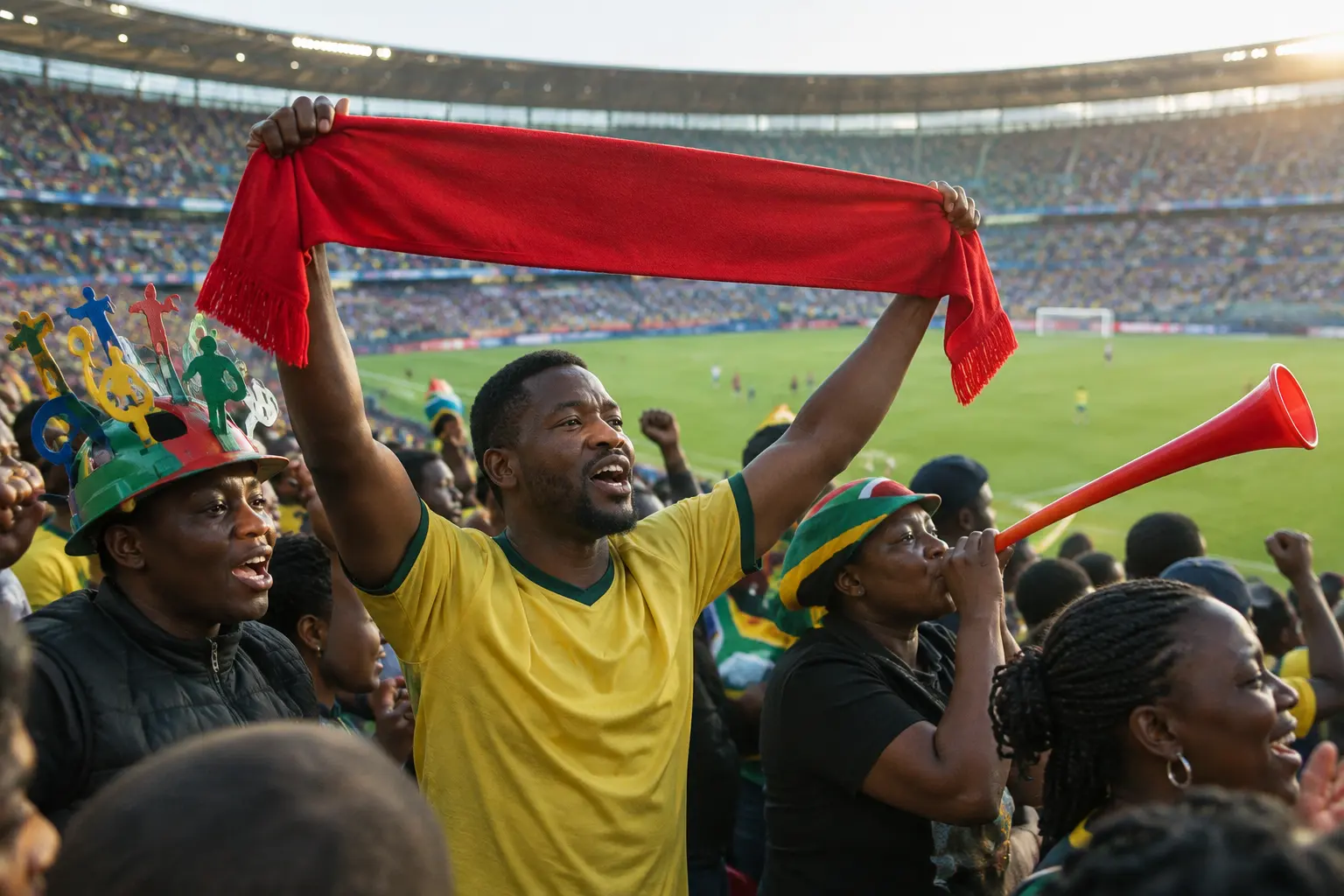 South African soccer fans cheering in a packed stadium, one holding a red scarf overhead and another blowing a vuvuzela
