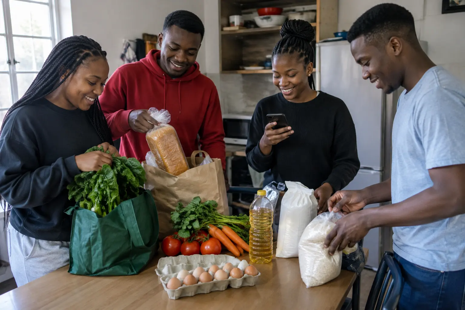 Four students unpacking bread, vegetables, eggs and other groceries together in a residence kitchen